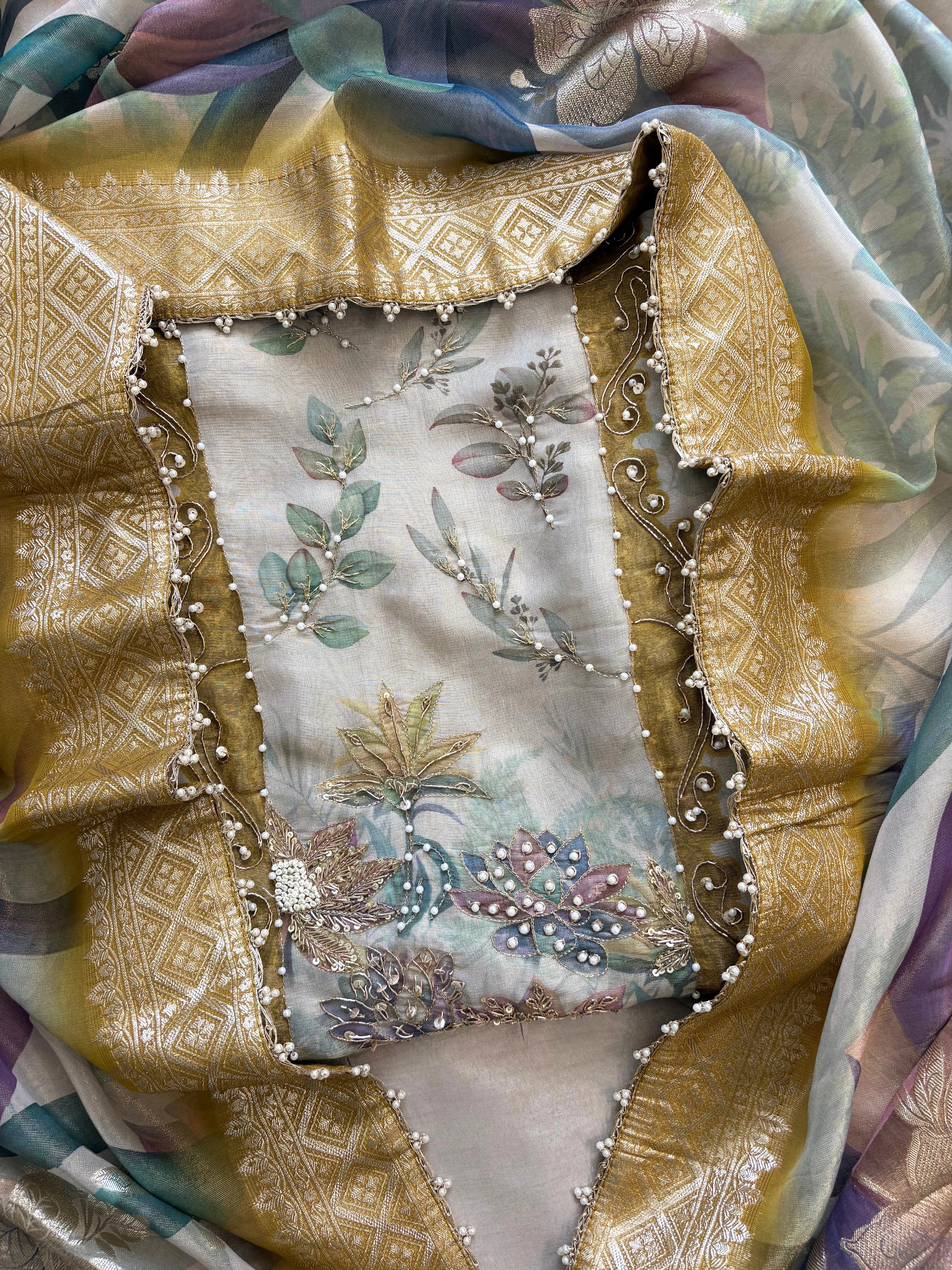 Designer Beige Organza Suit with multicolor dupatta for Festive Wear | Party Wear